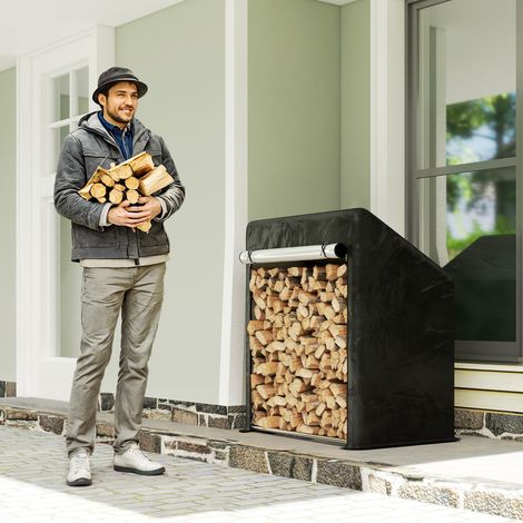 Porte-bois extérieur en acier renforcé avec couverture étanche, 100x60x110 cm, Noir (1/5)