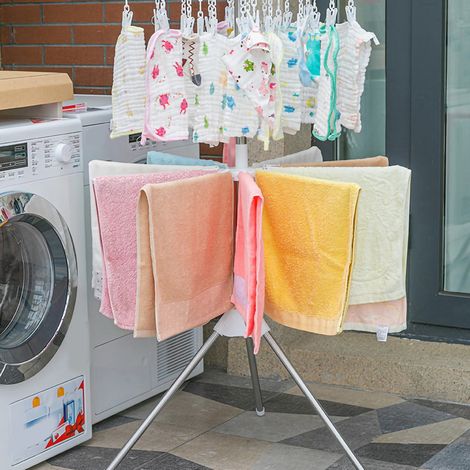 Portant à linge rotatif 360° – 2 étages blanc, acier inoxydable pliable (1/5)