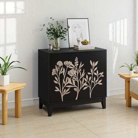 Aparador de dos puertas con estantes ajustables decoración vintage tallada color negro Ideal para salón cocina (1/5)