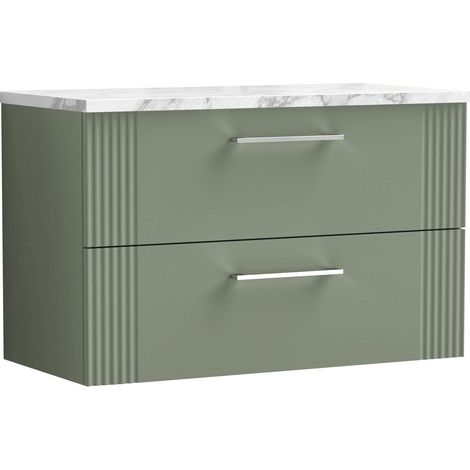 Nuie Deco Wall Hung 2-Drawer Vanity Unit with Carrera Marble Worktop 800mm Wide - Satin Green (1/4)