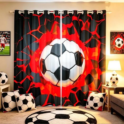 Rideau de Football Enfants,Sport,Unisexe,Rouge,Noir,Rideau de fenêtre avec Ballon de Football pour fenêtre de Jeu de Ballons,117 x 183 cm - 117L X 183H cm (2 Panneaux) (1/5)