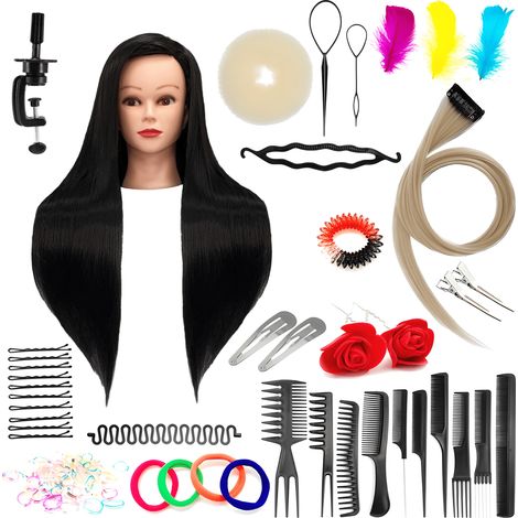 Set de cabeza de entrenamiento Ilsa 60 negra, cabello sintético + 80 accesorios + soporte, equipo de peluquería para peinar, cabeza de entrenamiento (1/5)