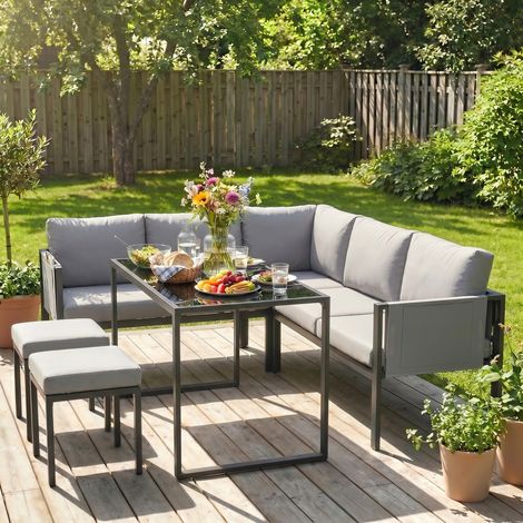 Salon Jardin Modulable Canapé Angle 6 Places avec Coussins 10cm, Table Surélevée et 2 Poufs, Gris Anthracite (1/5)