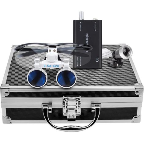 Loupe binoculaire avec lampe frontale LED, grossissement 3,5x, distance de travail chirurgical 420 mm, avec boîte en aluminium (1/5)