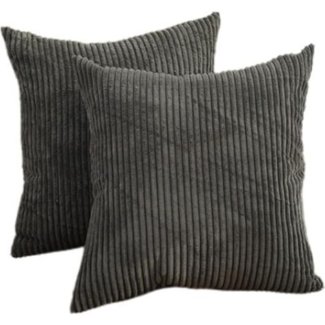 Lot de 2 housses de coussin en velours côtelé rayé uni, 50x50 cm, gris foncé, décoratives pour canapé, chaise. (1/3)