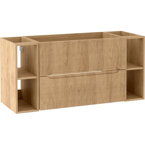Meuble sous vasque suspendu avec 2 étagères L.120 cm effet chêne Hikora façade rainurée NOVO Furnidea (1/5)