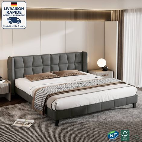 Lits doubles 180x200cm, velours, lits adultes, sans matelas, gris (1/5)
