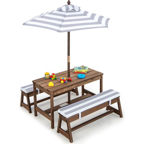 COSTWAY 4 PCS Wooden Kids Picnic Table Bench Children Outdoor Activity Desk-Grey