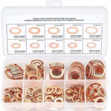 Jeu de rondelles métalliques en cuivre - bagues d'étanchéité, joints - rondelles plates avec boîte - assortiment de 200 pièces pour étanchéité - tailles M5 M6 M8 M10 M12 M14. (1/3)
