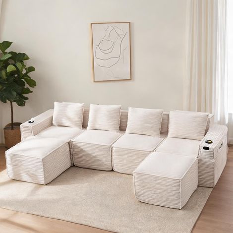 Canapé modulaire 4 places en velours côtelé beige avec poufs (1/5)