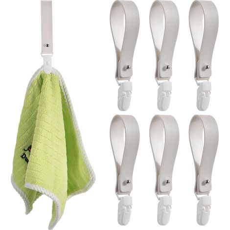 6 Pièces Pince à Serviette,Accroche Torchon Porte-Serviettes avec Boucle en Cuir,Crochet Torchon Porte Serviette Salle de Bain,Clips Porte-Torchon Placards Serviettes Suspendues. (Blanc) (1/5)