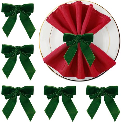 Juego de 6 servilleteros navideños de terciopelo con lazo verde, perfectos para fiestas de cumpleaños, cenas de aniversario de bodas y decoración de mesa. (1/5)