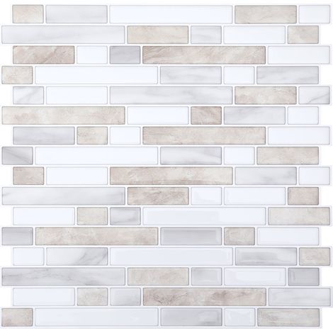 Jiubiaz Adesivi per piastrelle mosaico bianco/marrone 30×30 cm – 10 fogli autoadesivi impermeabili per decorazione cucina e bagno (1/5)