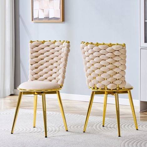 Chaises décoratives luxe – Lot 2 – Velours tissé – Pieds dorés – Corde tressée – Salle à manger/Salon (1/5)