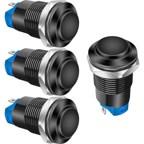(Coque Noire)Lot de 4 Interrupteurs à Bouton-Poussoir de Verrouillage de 12mm, Câble à Tête Surélevée en Alliage d'aluminium 1NO 12V 24V 36V 110V 250V Etanche IP65 sans LED