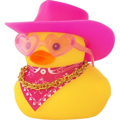 Canard cowboy en caoutchouc pour voiture, décoration de tableau de bord avec chapeau de cowboy, collier et lunettes de soleil roses (1/5)