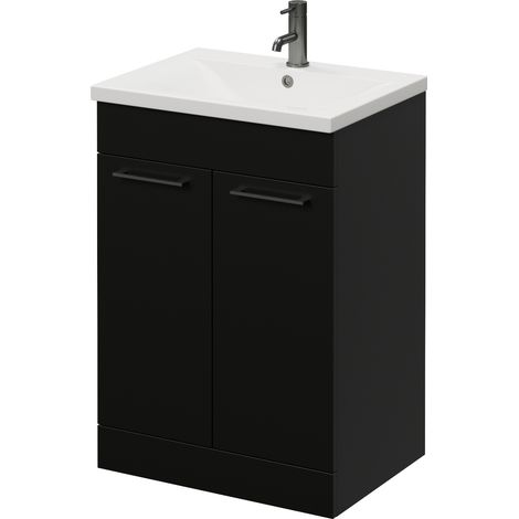 Napoli 460 Matt Black 600mm 2 Door Vanity Unit with Glide Basin - 600mm - Gunmetal Grey 160mm Handle
