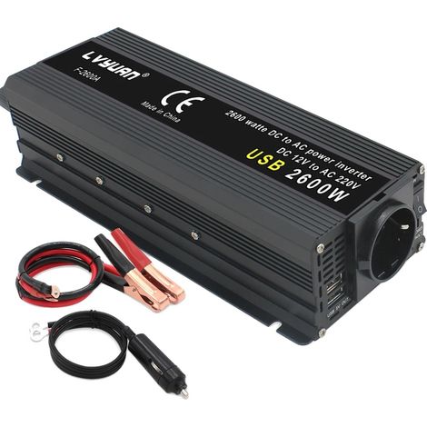 Inversor de corriente, convertidor estable de 12 V a 220 V con pantalla LCD, protección de seguridad completa para coche, camping y alimentación de respaldo, 12 V a 220 V 2600 W, enchufe europeo, 12 V (1/2)