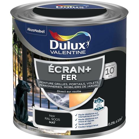 Dulux Valentine – Peinture ECRAN+ fer mat 0,25 L – Directe sur rouille – Haute résistance intempéries – Noir mat pour ferronneries, portails et volets