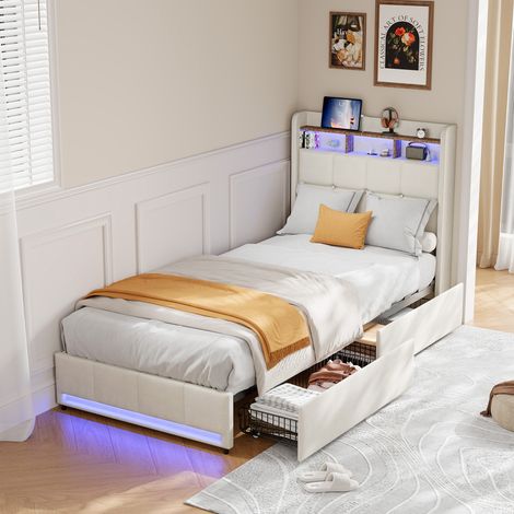 FOERPL-Letto singolo 90 x 200 cm con LED e USB, letto baule 90 x 200 con 2 cassetti, struttura per letto imbottito con rete a doghe, testiera imbottita con spazio di archiviazione per letto adulti