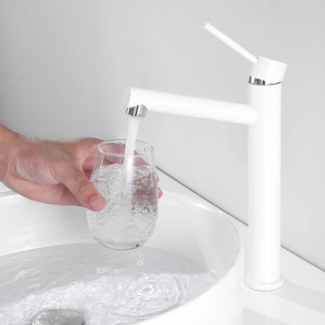 Tondiy Robinet de Lavabo Haut, Mitigeur Vasque à Poser, Robinetterie Salle de Bain Chaud et Froid Réglable, Acier Inoxydable, Aérateur Démontable, Blanc (1/5)
