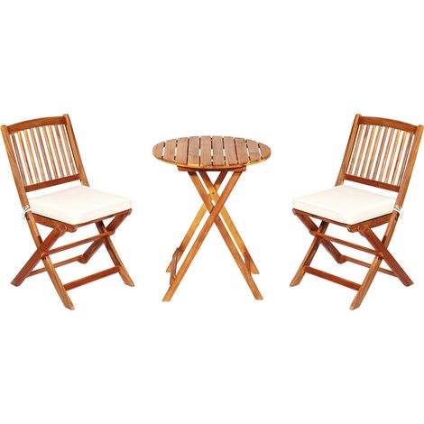 Set 3 pezzi pieghevoli legno acacia esterno sedie tavolo cuscino imbottito naturale