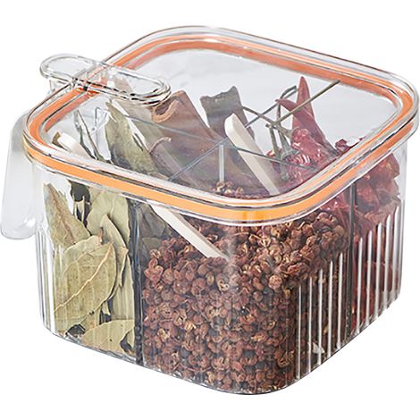 Gewürzbox mit 4 Fächern, Deckel und Löffel, transparent und orange (1/5)