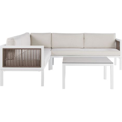 Conjunto de jardín 4 plazas izquierdo metal blanco marrón mesa cojines Borello (1/5)