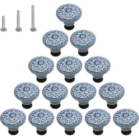 Lot de 15 poignées de commode en céramique brillante style champignon avec 3 vis de montage, bleu (1/4)
