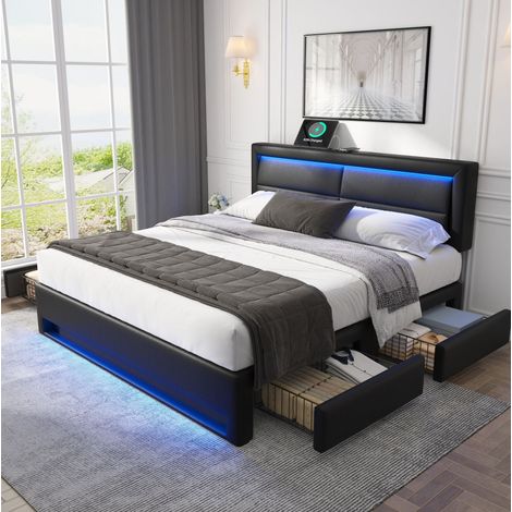 Cama tapizada con USB LED y cuatro cajones negra OKMYHOME (1/5)
