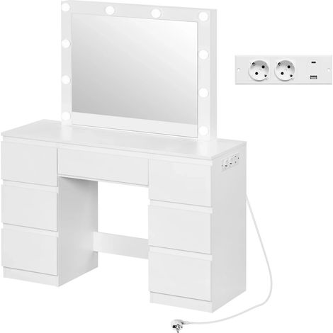 Coiffeuse avec miroir LED dimmable, 7 tiroirs, prises intégrées et grand plateau blanc 110 cm, idéale pour chambre et maquillage, rangement pratique - CHICFURN (1/5)