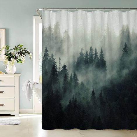 Rideau de douche 240 x 200 cm - Anti-moisissure - Imperméable - Extra long - Avec 12 anneaux de rideau de douche - Motif forêt rétro - Motif 3D - Pour baignoire, salle de bain (1/5)