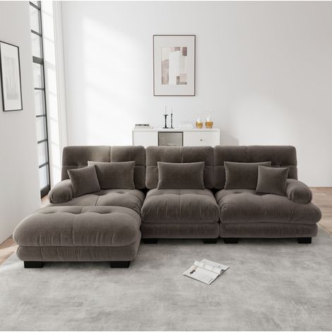Sofá de esquina modular de chenilla marrón 313 x 145 x 81 cm con otomanas HAVRYA (1/5)