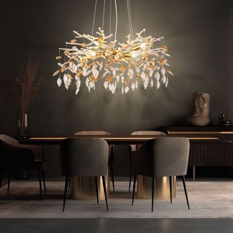 Globo – Lustre à suspendre en métal et verre – Cristaux en forme de feuille – 8 douilles G9 – Diamètre 61 cm, hauteur 120 cm