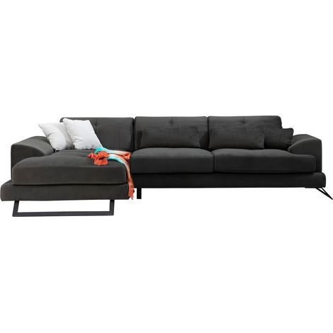 Canapé d'angle gauche velours anthracite avec têtières relevables et pieds metal noir Briko 308cm (1/5)