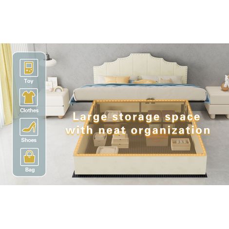 Lit doux minimaliste moderne, tête de lit confortable et douce, 160200CM, beige, meuble de chambre multifonction, cadre de lit coffre haut avec vérin hydraulique, matelas 160200cm inclus. (1/5)