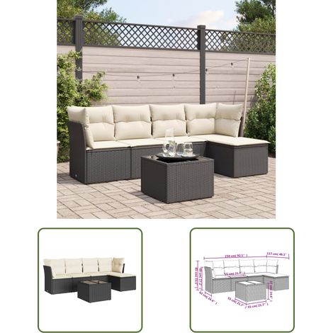 The Living Store Salon de jardin 6 pcs avec coussins noir résine tressée - Ensemble Salon De Jardin - Mobilier De Jardin - Canapé De Jardin - Résine Tressée - Rotin Synthétique (1/3)