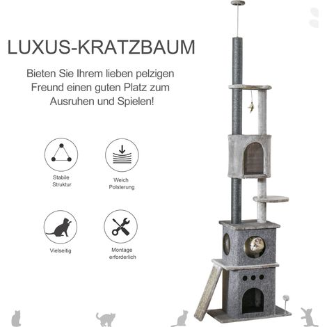 Arbre à chat suspendu réglable 225-255 cm, tour griffoir 6 étages avec 3 cachettes, jouets pour félin, taille moyenne, gris clair (1/4)