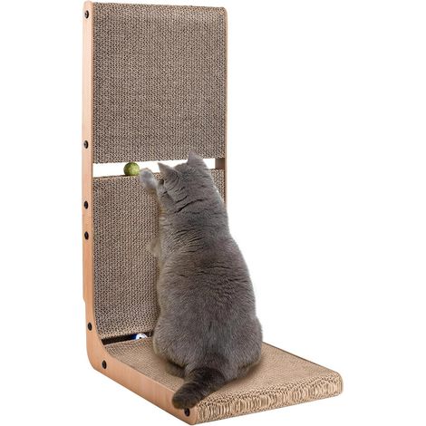 Griffoir en Carton pour Chat, Griffoir Vertical pour Chats d'intérieur, Griffoir en Forme de L de 69 cm avec 2 Balles Intégrées (1/5)
