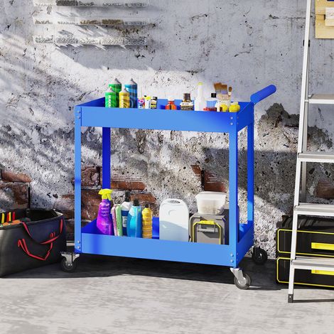 Carro de taller de 2 niveles, con asa lateral y ruedas con freno, 84,5 x 38 x 84 cm, azul.