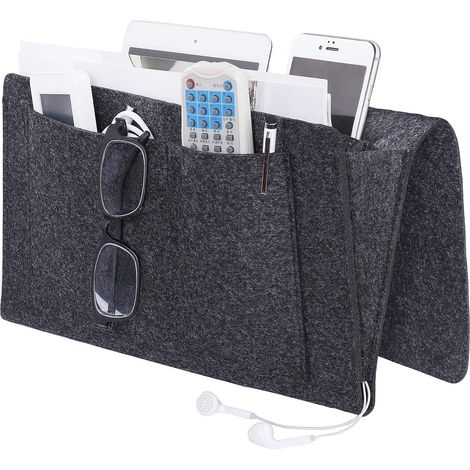 Gris foncé Organisateur de Caddie, Poche de Lit Caddie de Chevet en Feutre Bedside Pocket Sac de Rangement avec Câble de Recharg pour Téléphone, Télécommande, Journal, Stylo, Magazine, Lunnettes