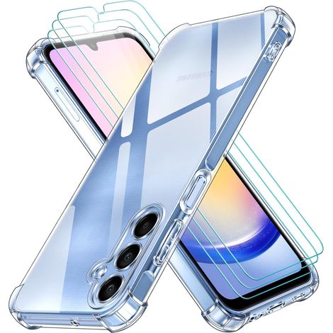 4 en 1 Coque pour Samsung Galaxy A25 5G avec 3 Pièces Verre Trempé (No pour Samsung Galaxy S25), Ultra Transparent Étui de Protection en Silicone Antichoc, Souple TPU Anti-Rayures Bumper Housse (1/5)