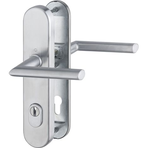 Porte d'entrée Poignée de porte Norme Distance 88 mm, acier inoxydable mat, plaque longue vérification Profil Protection pour épaisseur de porte 62–72 mm, avec Cylindre, RC2 après virole en 1906, 1 pi (1/5)