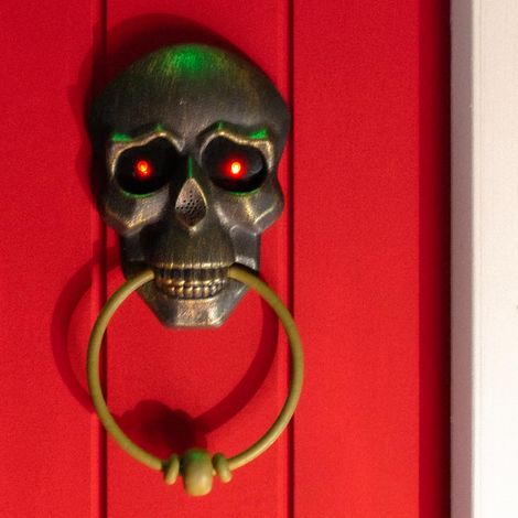 Sonnette de Porte en Forme de crâne pour Halloween, décoration de Porte d'entrée, lumières LED Lumineuses et Voix effrayante, Effet Laiton Bronze / (1/5)