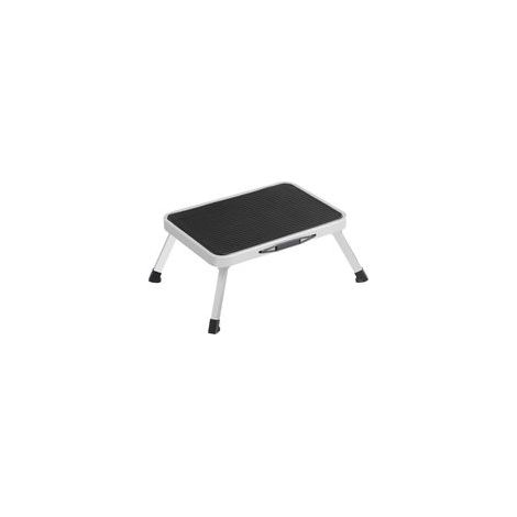 Marchepied acier blanc pliable, 1 marche, patins antidérapants, charge 150kg, compact 32x44x17,5cm