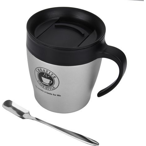aqxreight Tasse à café Isolée en Acier Inoxydable avec Cuillère et Couvercle, Tasse Portable pour les Voyages et le Bureau (SILVER) (1/5)