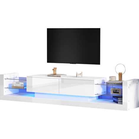 TV-Lowboard mit 2 Klappschubladen und LED, Glasfront, Hochglanz Weiß, 181×38×38 cm, aus Spanplatte (1/5)