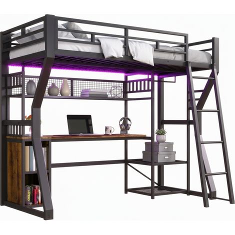 Lit mezzanine 90x200 cm avec bureau, éclairage LED, prise et rangement, structure métal et MDF noire, gain de place pour chambre d’étudiant - CHICFURN (1/5)