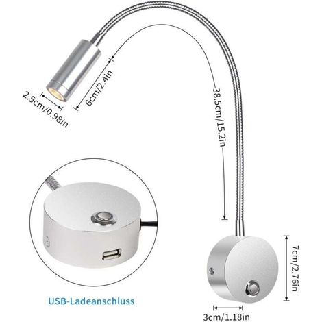 3W Lampe de chevet murale LED avec interrupteur tactile dimmable et port de charge USB,liseuse de lit pivotante à 360° avec prise et câble pour chambre, 3000-6000K,argent [Classe énergétique B] (1/3)