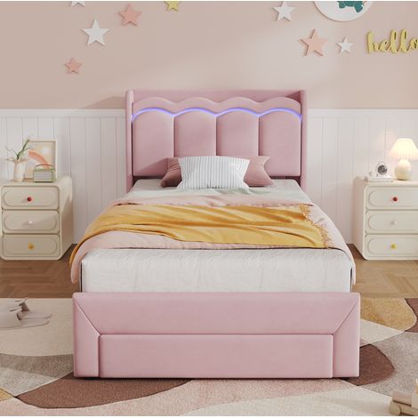 Letto bimbi 90x200 cm in velluto rosa con cassetto, senza materasso - CHICFURN (1/5)